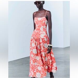 Zara drop waist printed midi dress coral orange size small